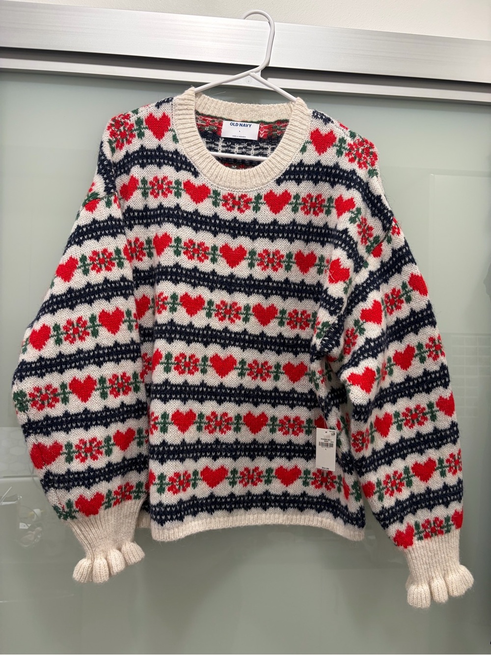 Old Navy Cream Sweater with Red Hearts and Navy Fair Isle Pattern